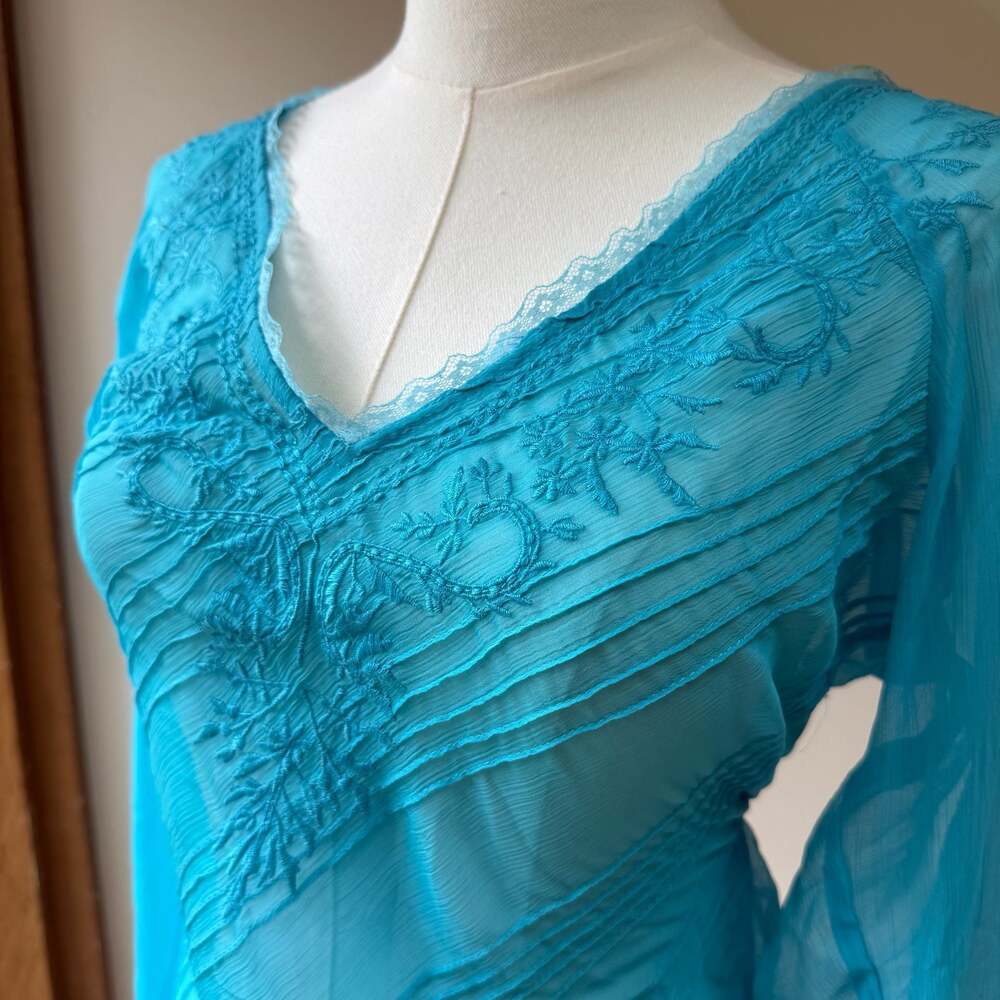 Vintage Y2K Turquoise Sheer Embroidered Bell Sleeve Tunic Top - Picture 6 of 12